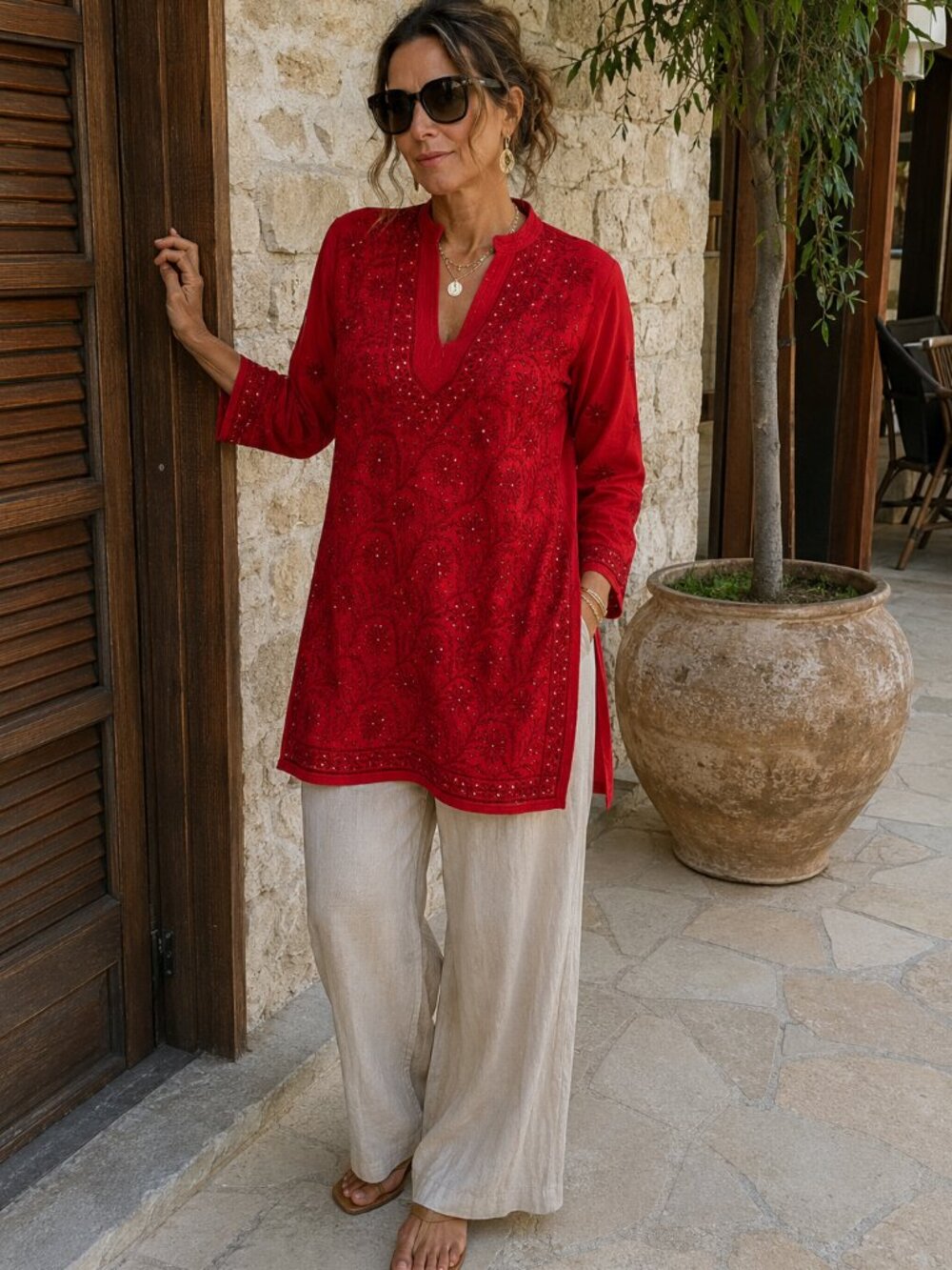 Red Embroidered Boho Tunic Top Cover Up Resort Luxe